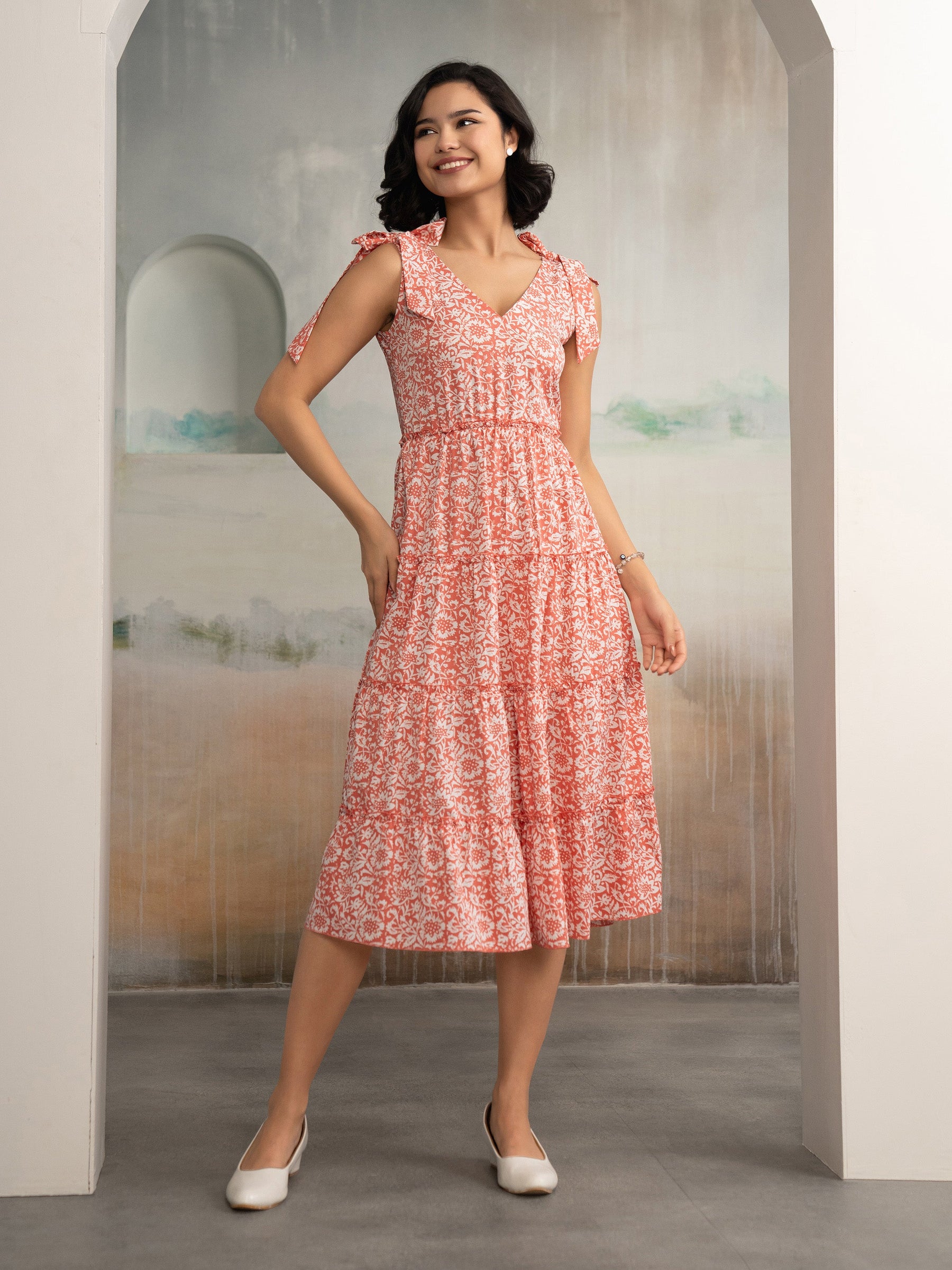 AASK Women's Green Printed Delta Crepe Fit and Flare Calf Length Dress