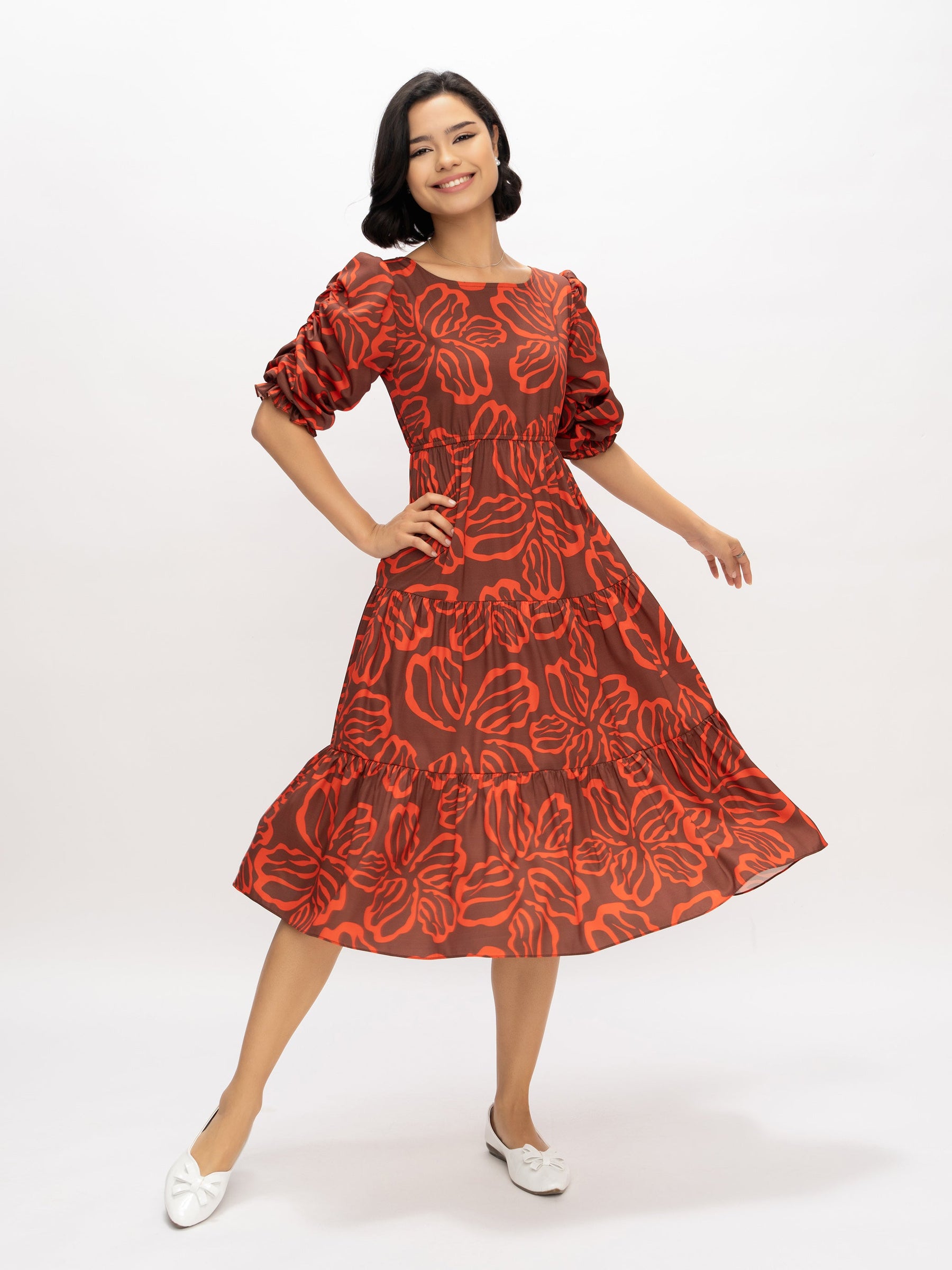 Aask Women's Blue Printed Delta Crush Calf Length Fit and Flare Dress