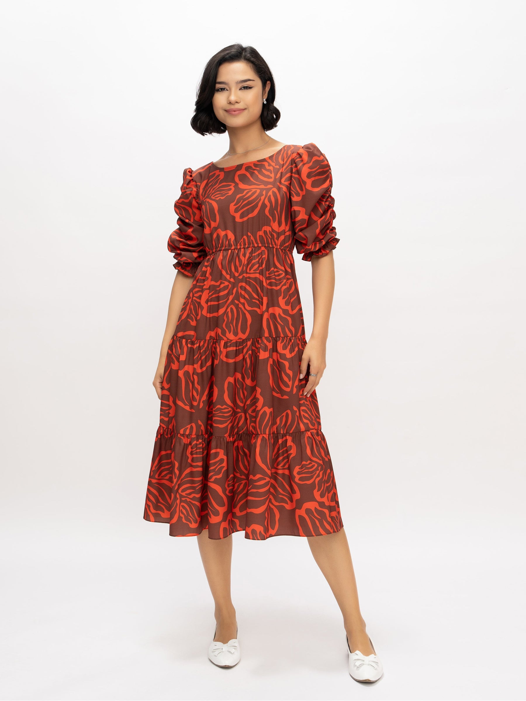 Aask Women's Blue Printed Delta Crush Calf Length Fit and Flare Dress