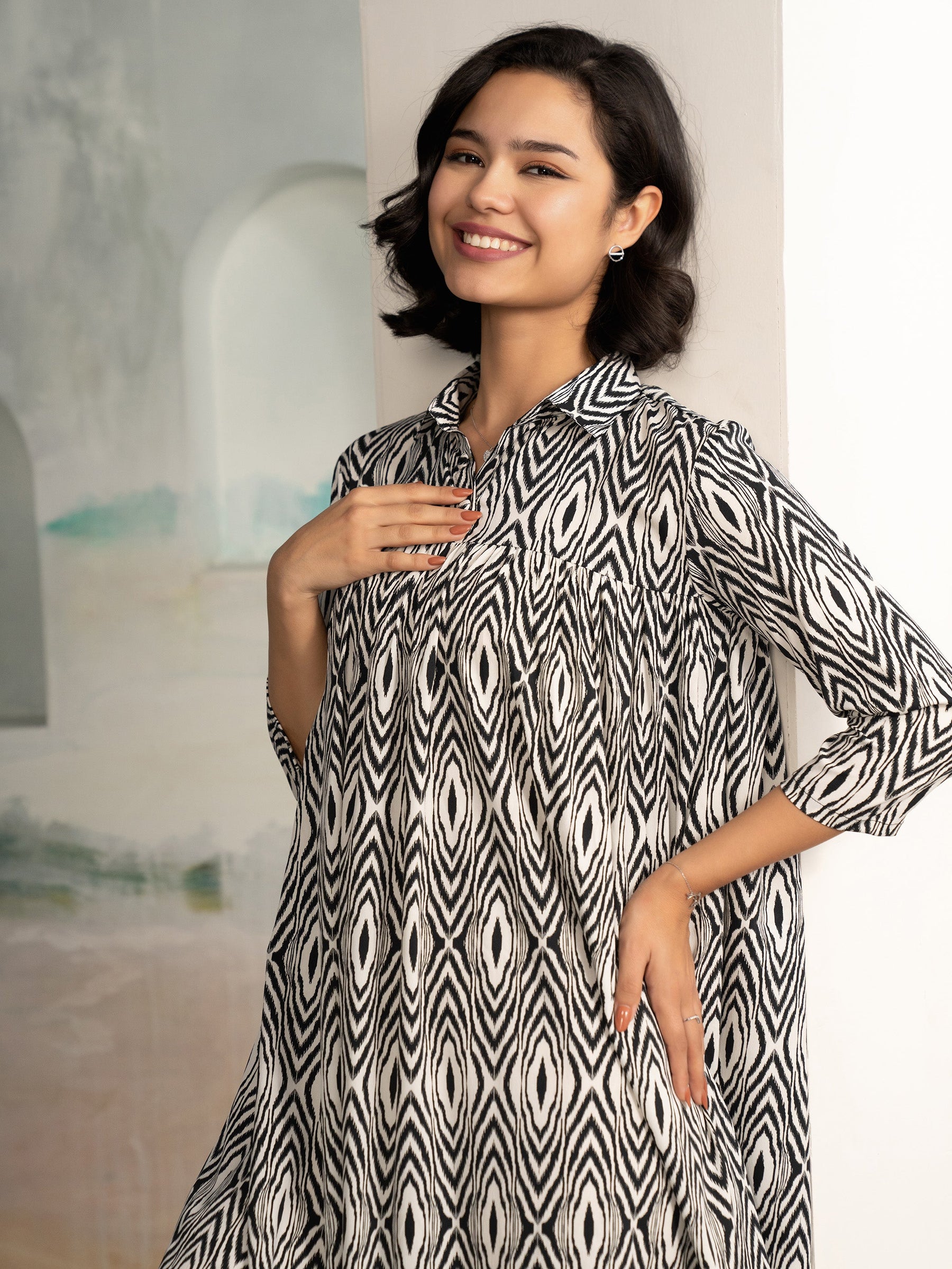 AASK Women's Pista Printed Delta Crepe Flared Knee Length Dress