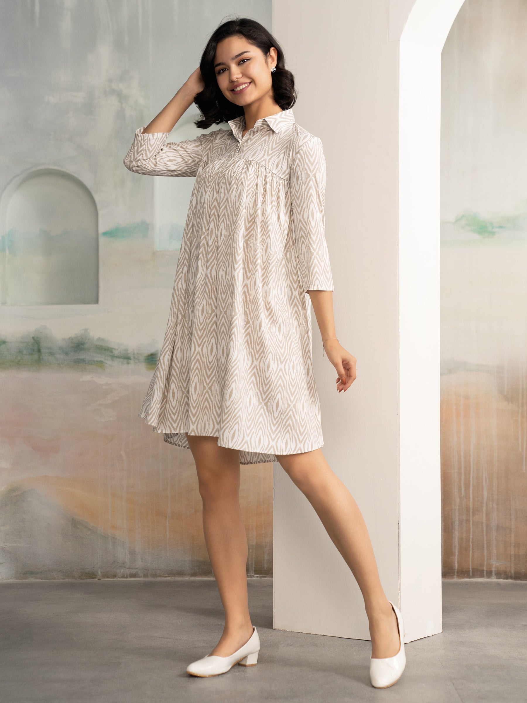 AASK Women's Pista Printed Delta Crepe Flared Knee Length Dress