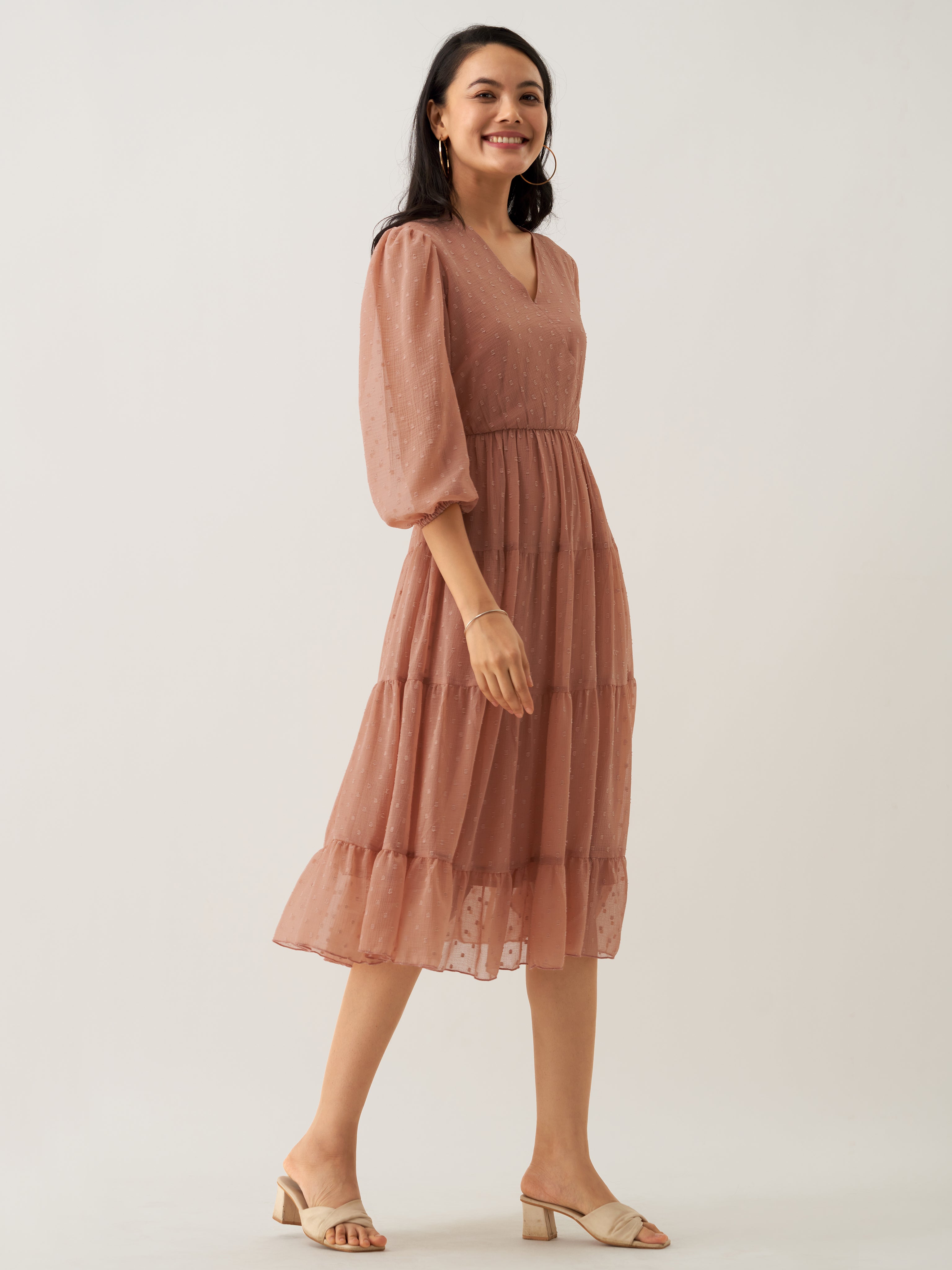Women Polyster Plain & Solid Beige Color Dress