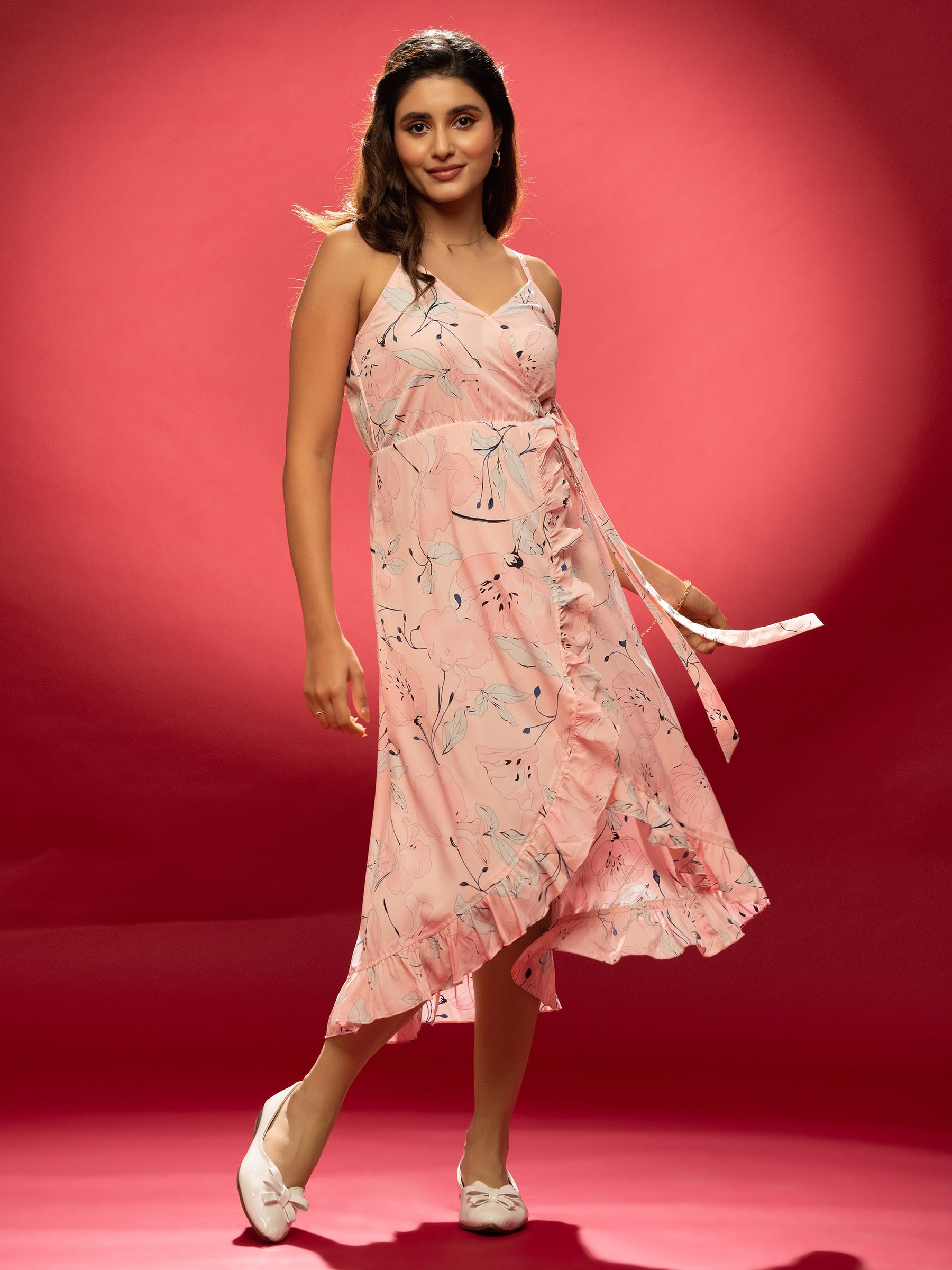 AASK Women's Yellow Printed Delta Crepe Fit and Flare Calf Length Dress