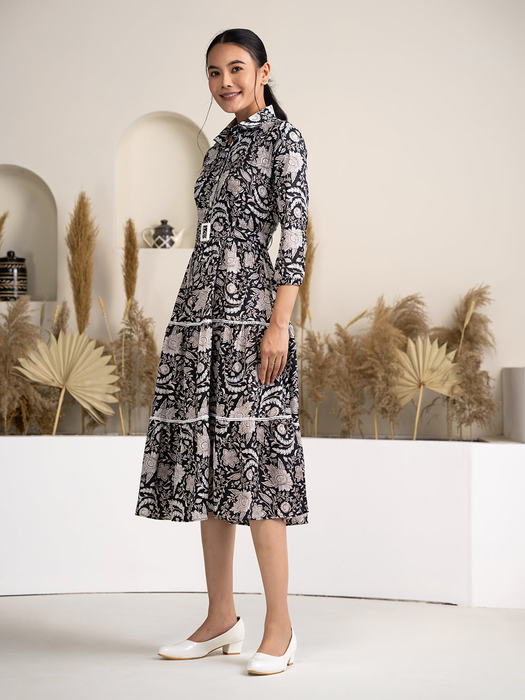 Women's Black Crush Crepe Printed Fit and Flare Western Dress