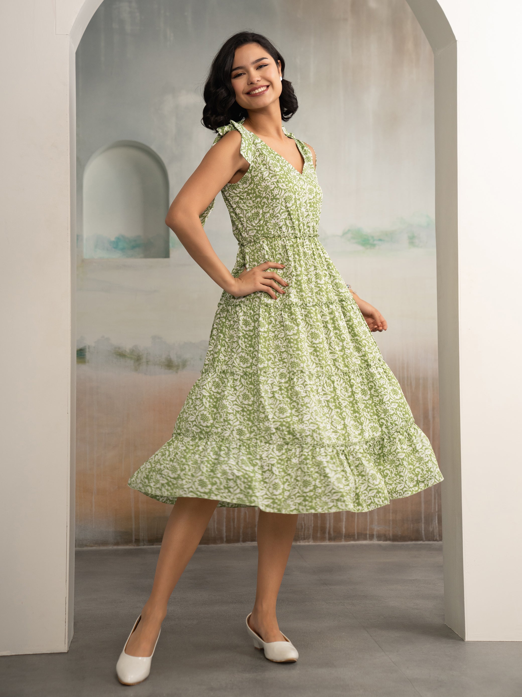 AASK Women's Green Printed Delta Crepe Fit and Flare Calf Length Dress ...