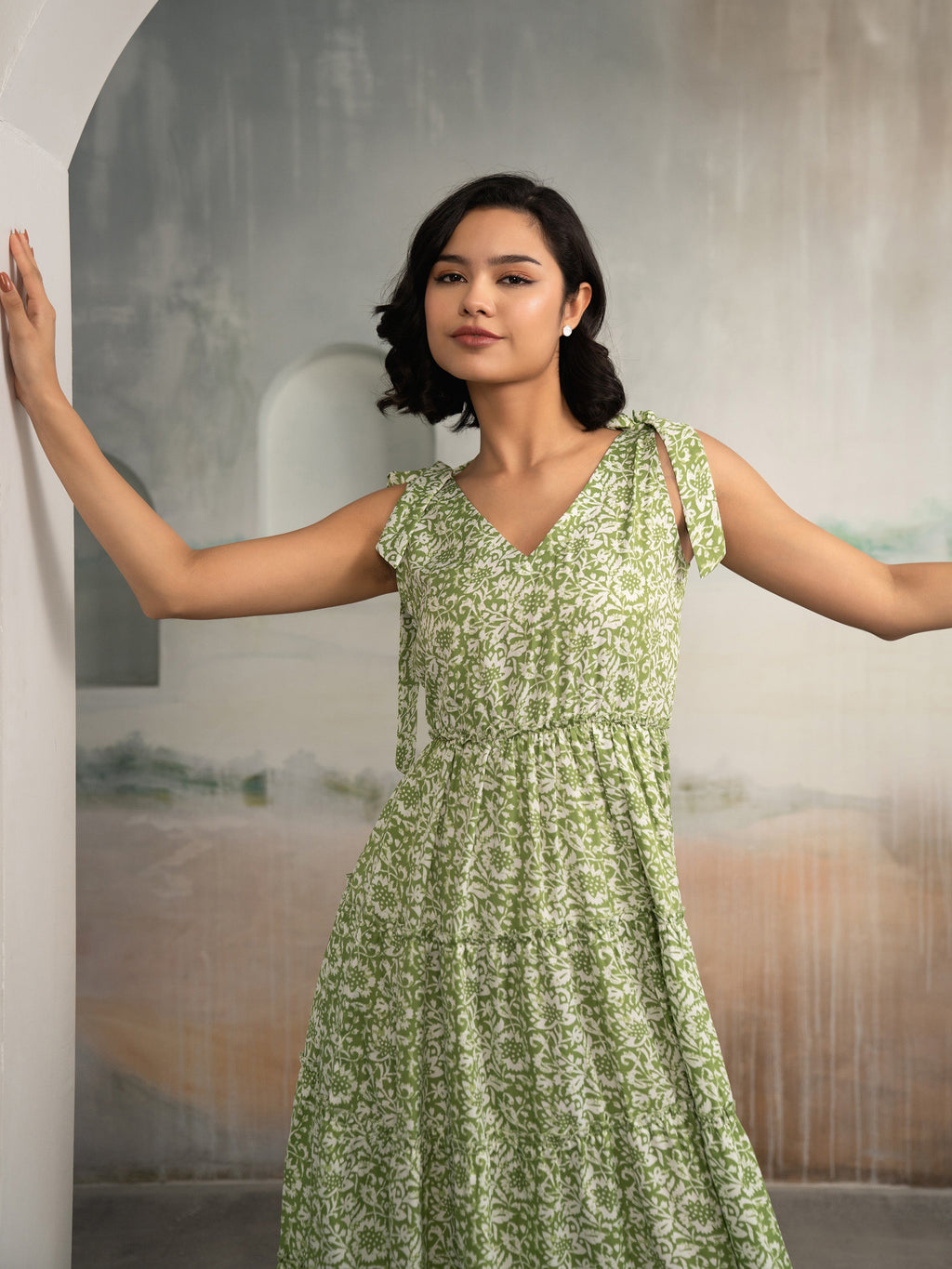 AASK Women's Green Printed Delta Crepe Fit and Flare Calf Length Dress