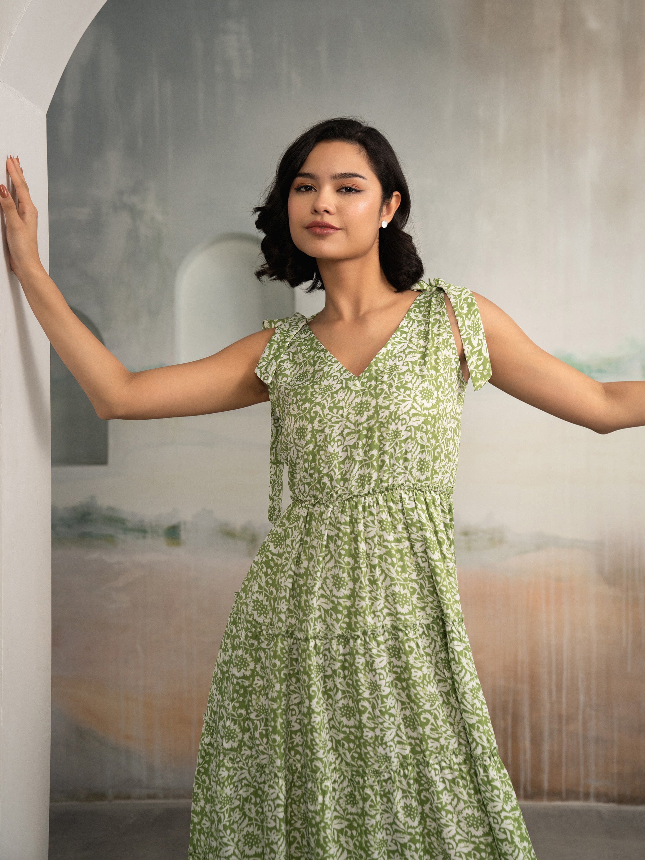 AASK Women's Green Printed Delta Crepe Fit and Flare Calf Length Dress