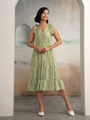 AASK Women's Green Printed Delta Crepe Fit and Flare Calf Length Dress