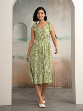 AASK Women's Green Printed Delta Crepe Fit and Flare Calf Length Dress