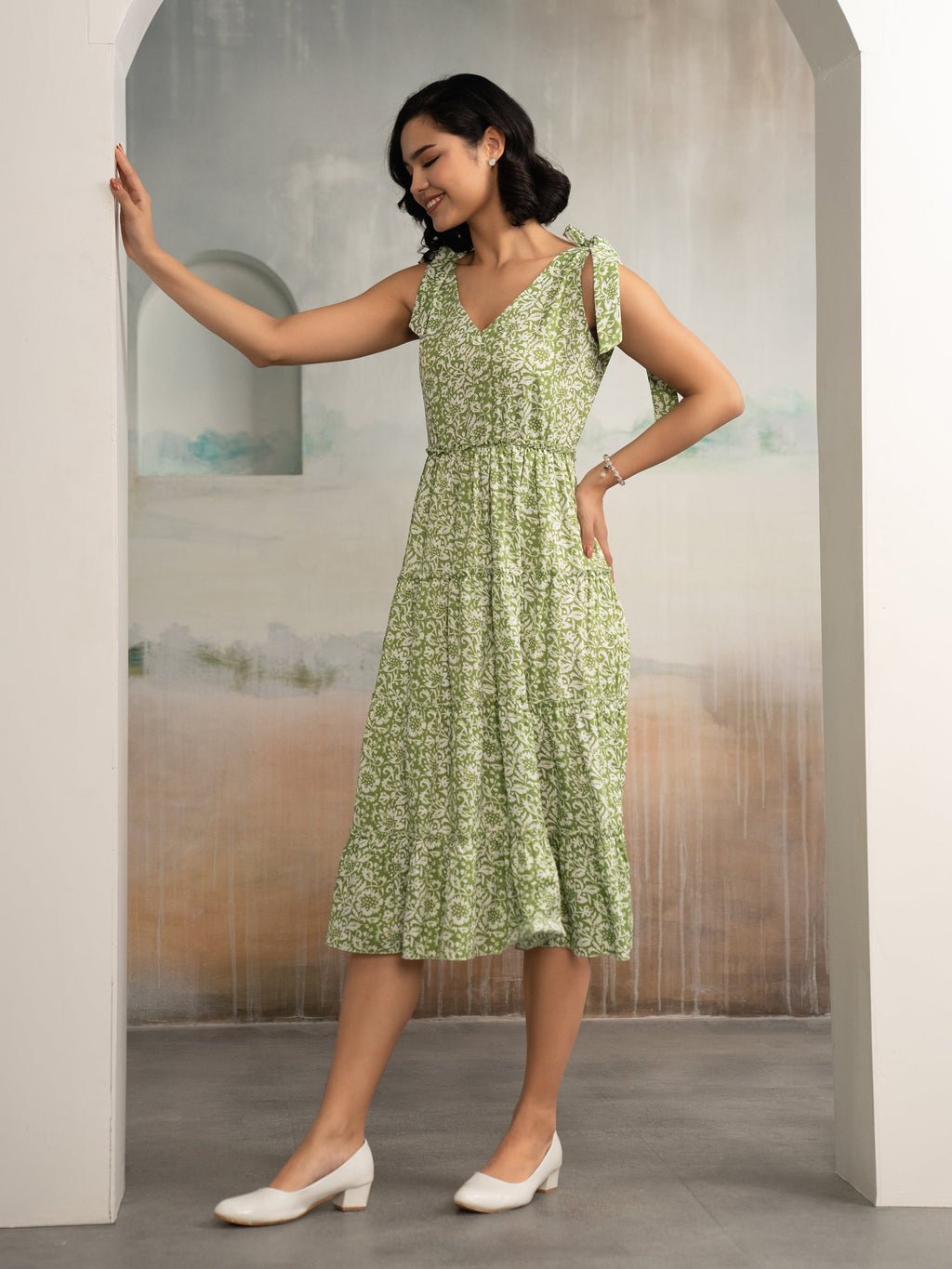 AASK Women's Green Printed Delta Crepe Fit and Flare Calf Length Dress