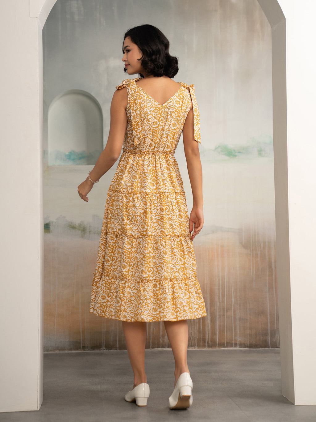 AASK Women's Green Printed Delta Crepe Fit and Flare Calf Length Dress