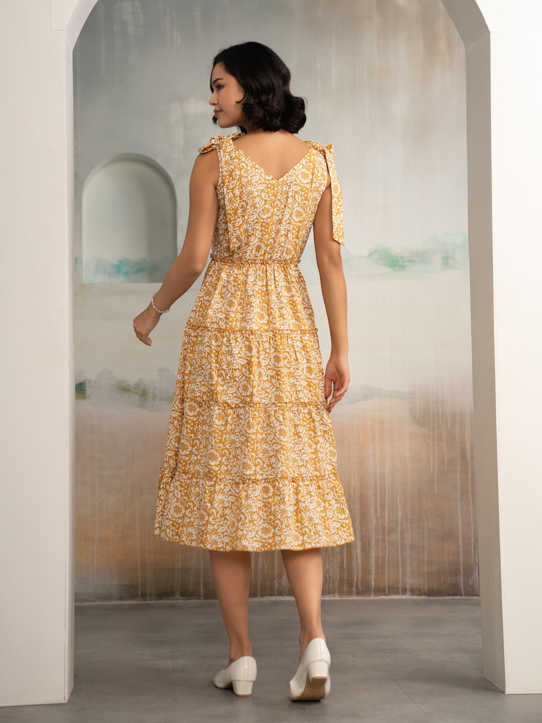 AASK Women's Green Printed Delta Crepe Fit and Flare Calf Length Dress