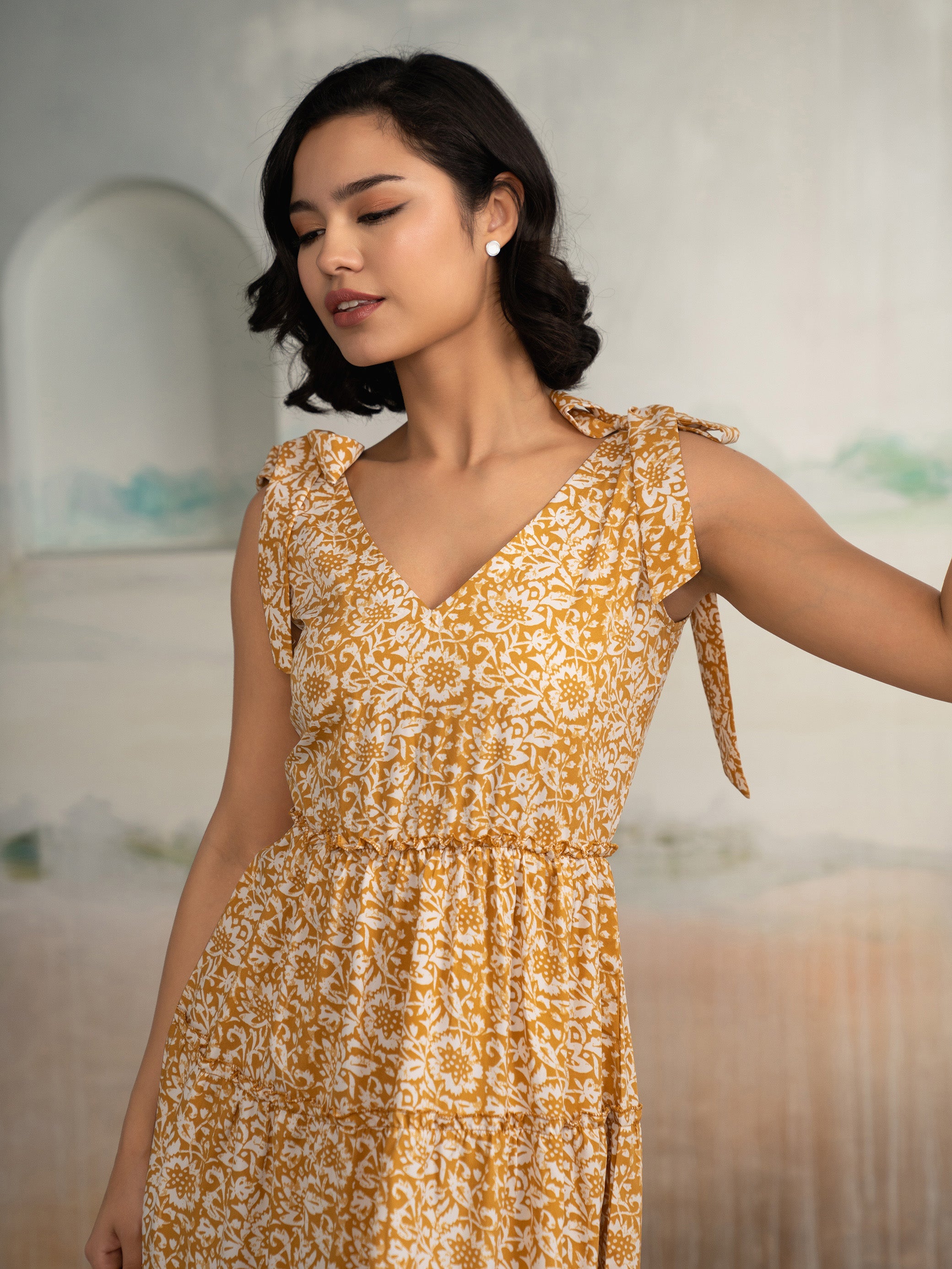 AASK Women's Green Printed Delta Crepe Fit and Flare Calf Length Dress