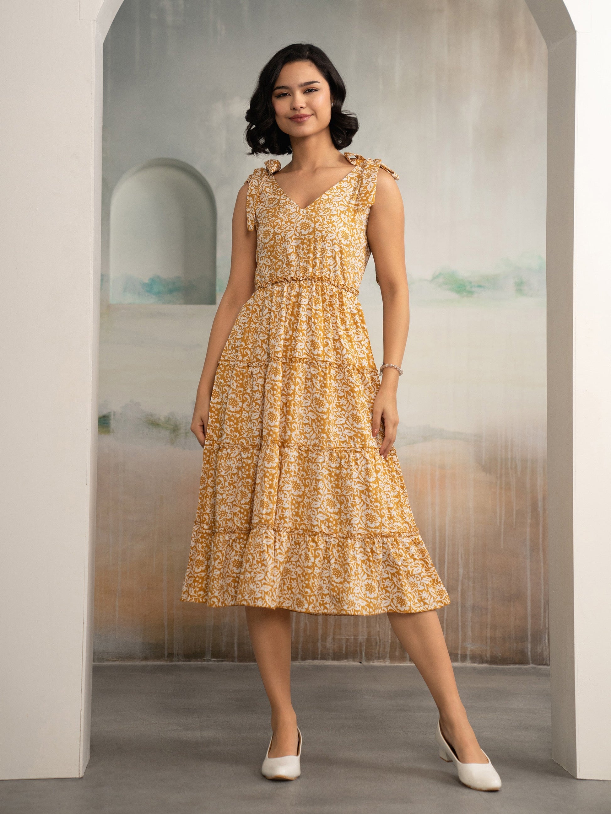 AASK Women's Green Printed Delta Crepe Fit and Flare Calf Length Dress –  Aaskstore