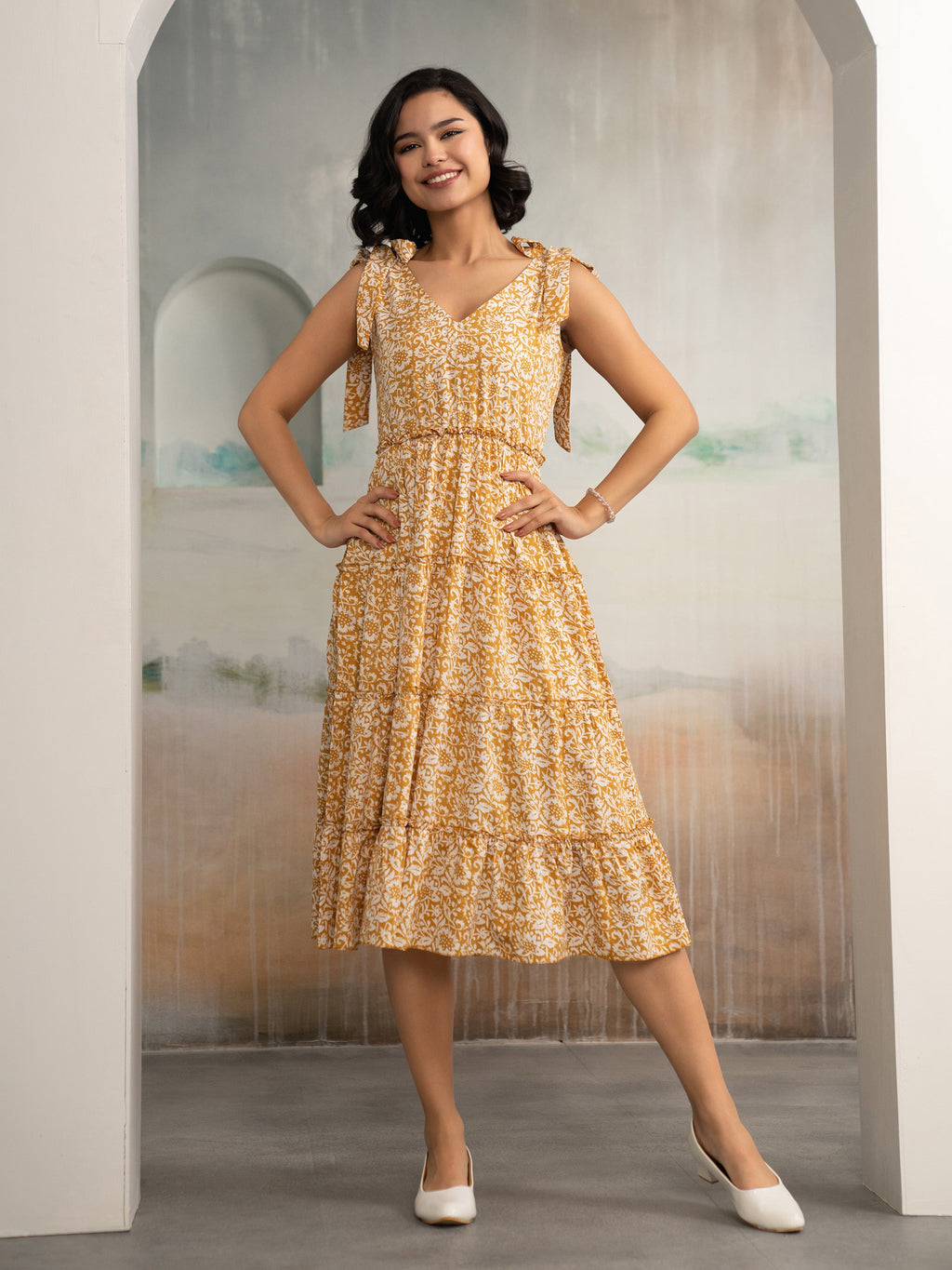 AASK Women's Green Printed Delta Crepe Fit and Flare Calf Length Dress