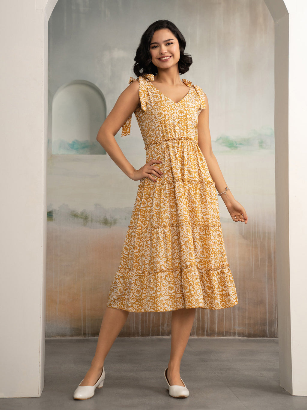 AASK Women's Green Printed Delta Crepe Fit and Flare Calf Length Dress