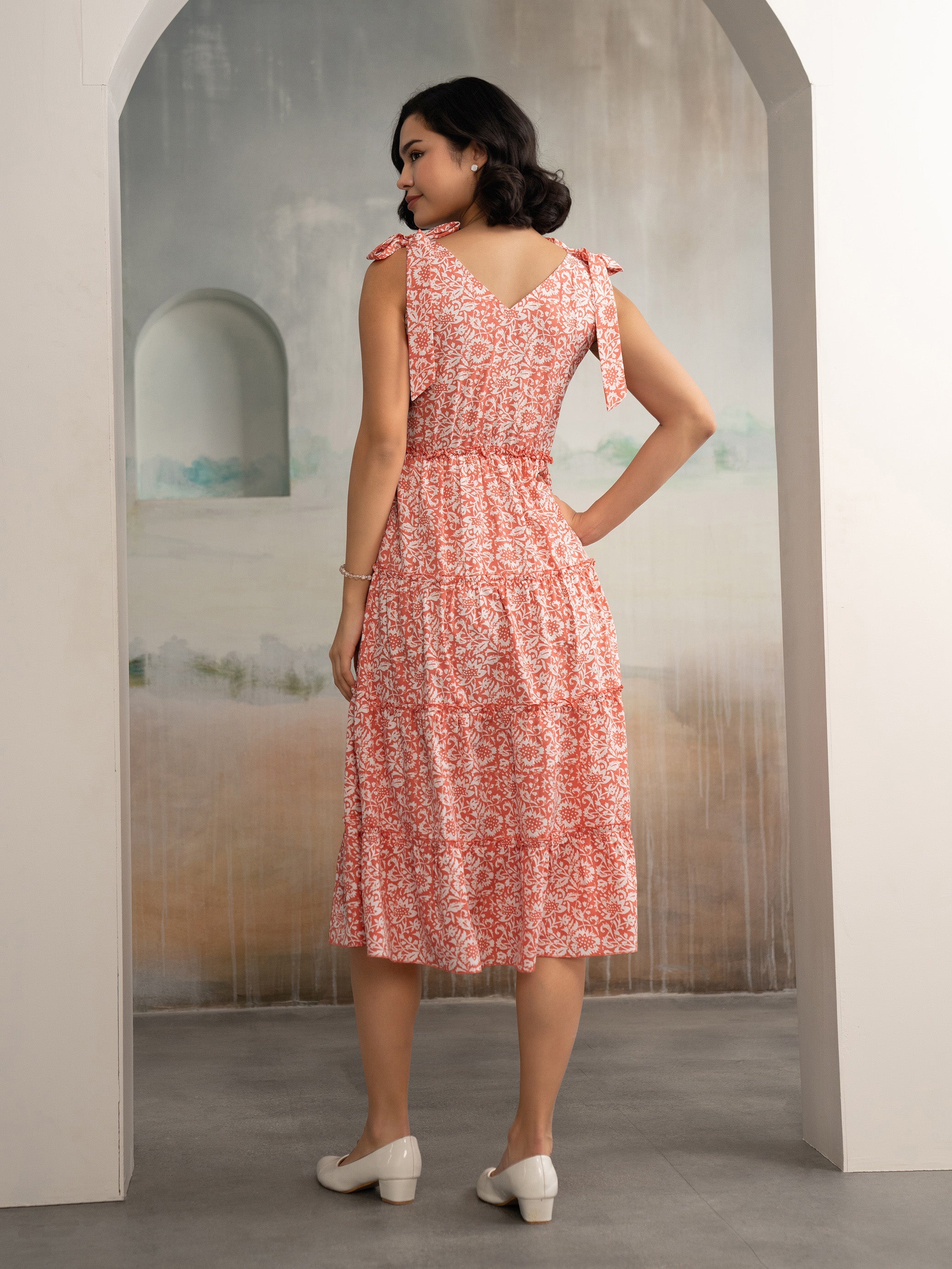 AASK Women's Green Printed Delta Crepe Fit and Flare Calf Length Dress