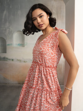 AASK Women's Green Printed Delta Crepe Fit and Flare Calf Length Dress