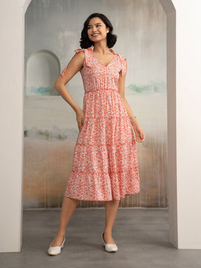AASK Women's Green Printed Delta Crepe Fit and Flare Calf Length Dress