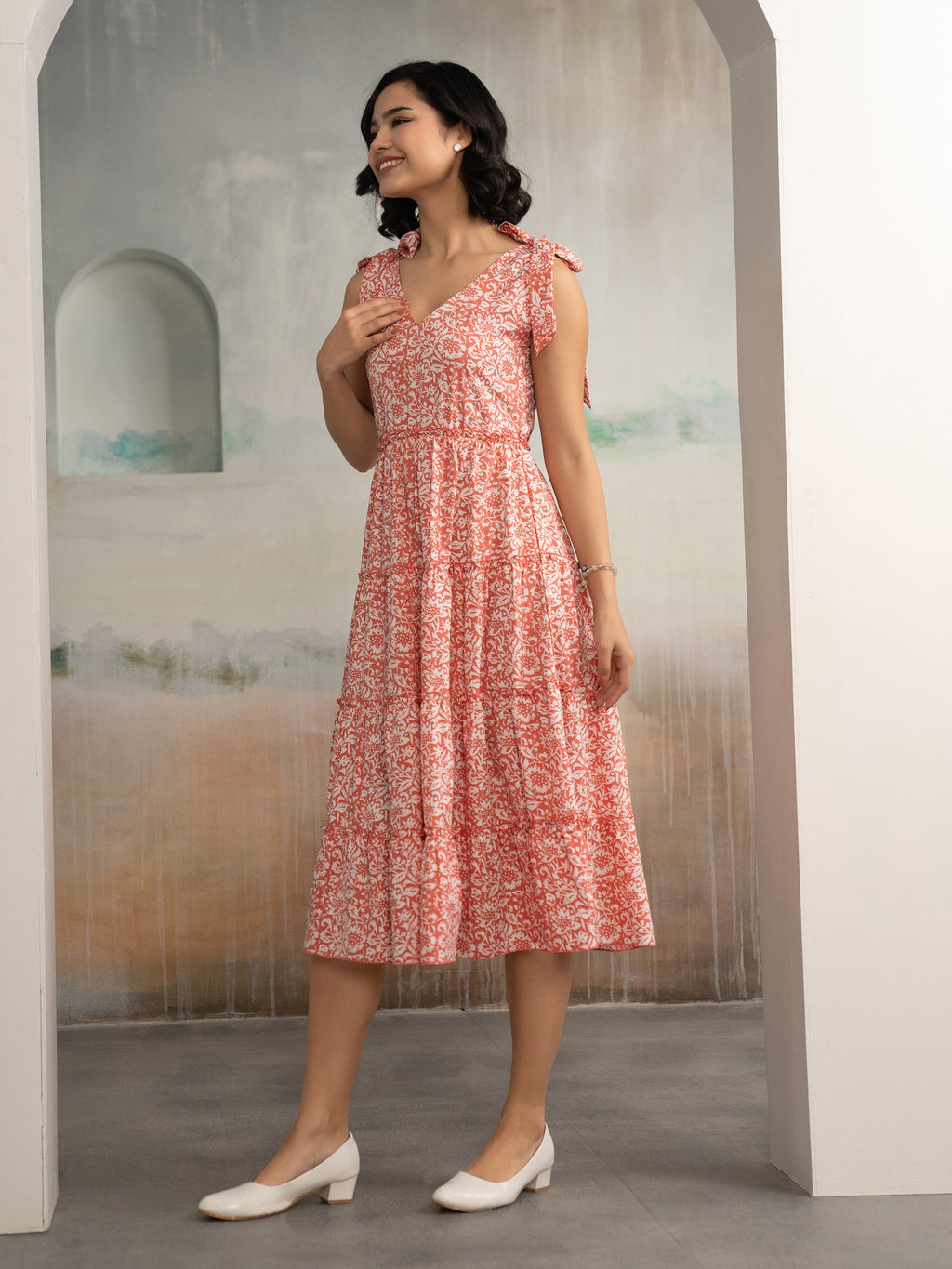 AASK Women's Green Printed Delta Crepe Fit and Flare Calf Length Dress