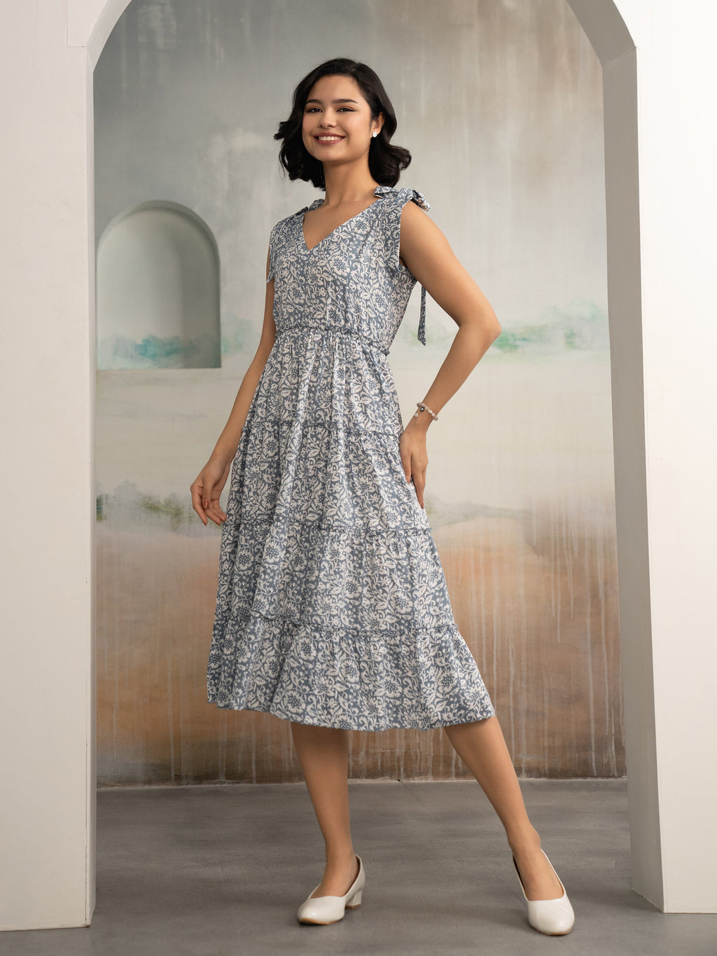 AASK Women's Green Printed Delta Crepe Fit and Flare Calf Length Dress