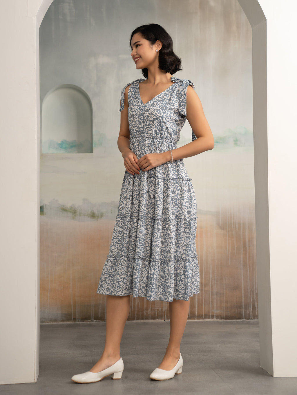 AASK Women's Green Printed Delta Crepe Fit and Flare Calf Length Dress