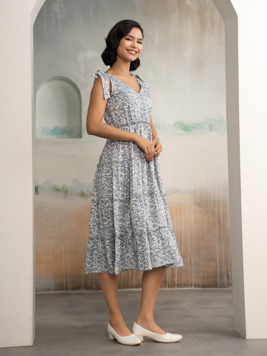 AASK Women's Green Printed Delta Crepe Fit and Flare Calf Length Dress