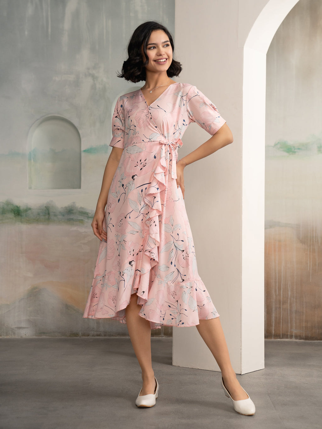 AASK Women's Light Pink Printed Delta Crepe Fit and Flare Calf Length Dress
