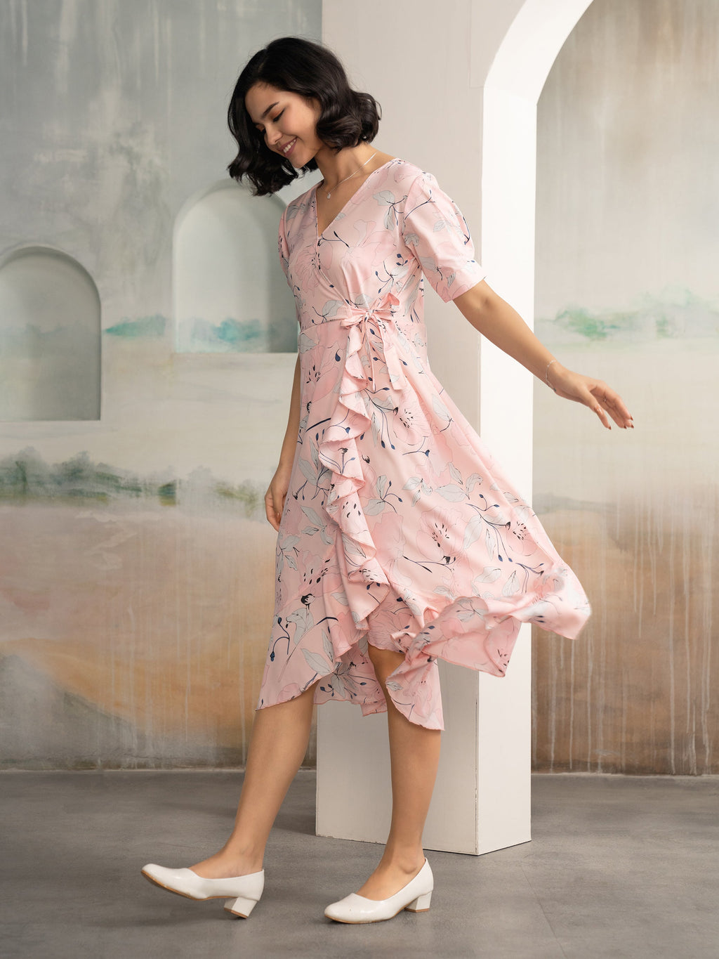 AASK Women's Light Pink Printed Delta Crepe Fit and Flare Calf Length Dress