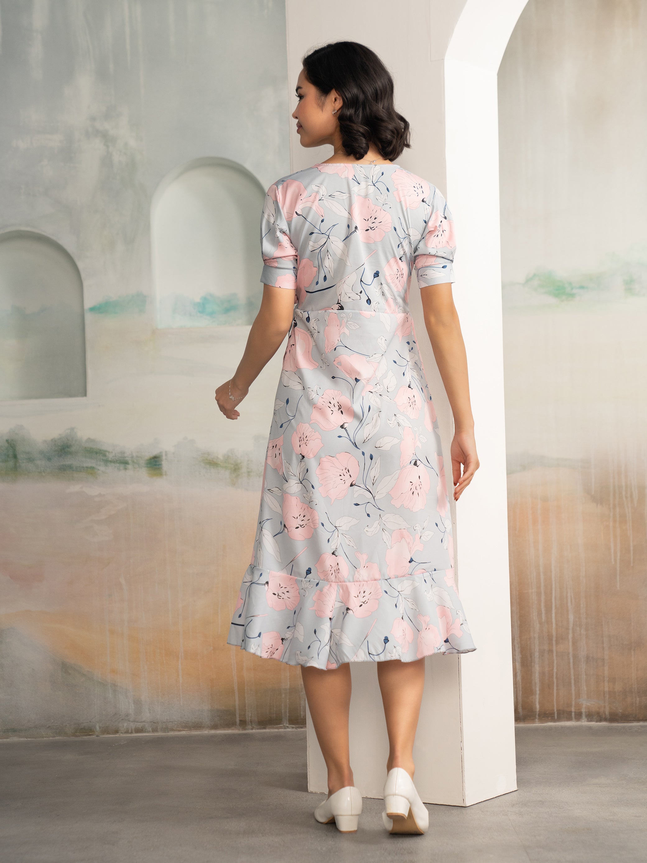 AASK Women's Light Pink Printed Delta Crepe Fit and Flare Calf Length Dress