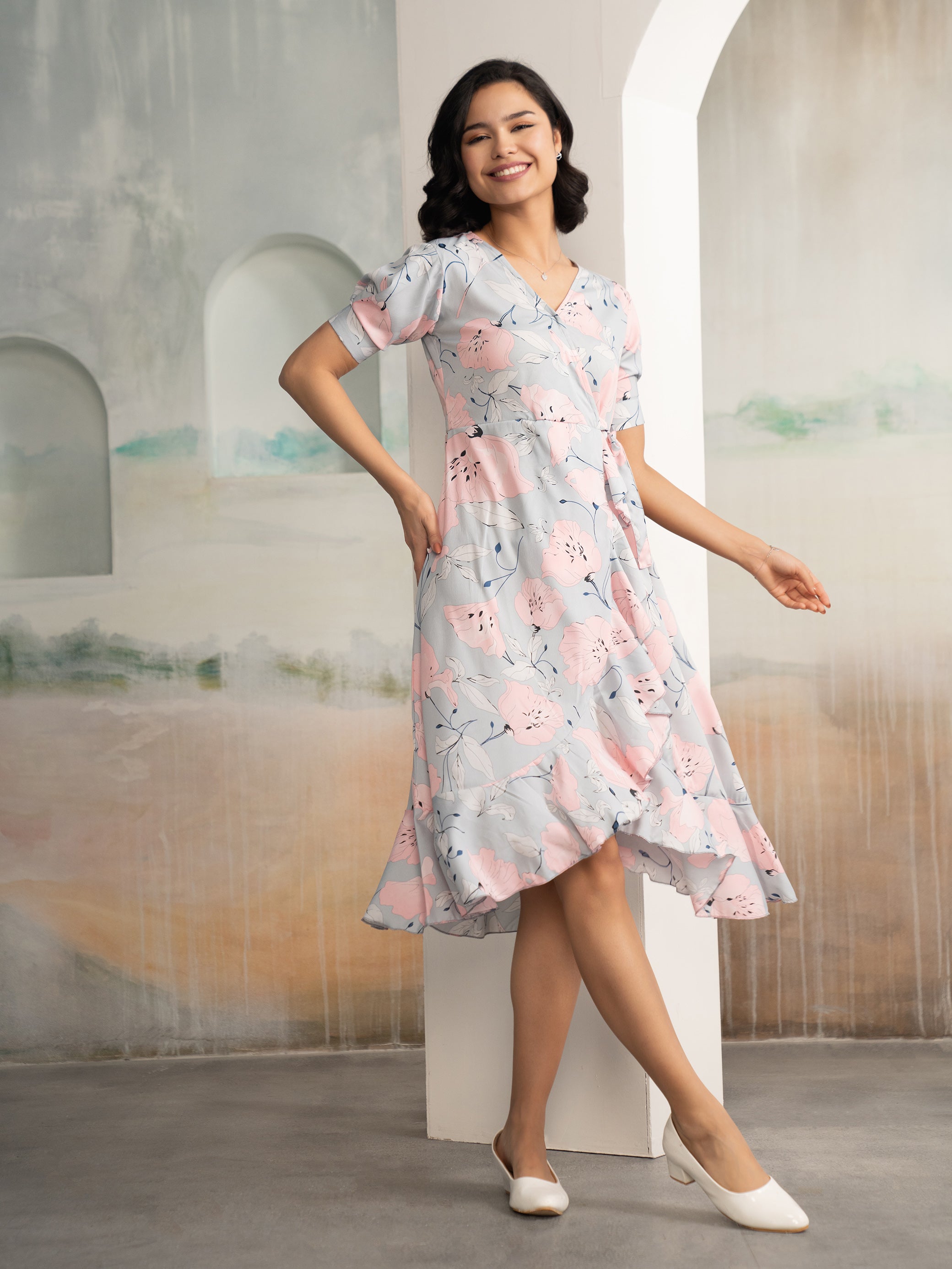 AASK Women's Light Pink Printed Delta Crepe Fit and Flare Calf Length Dress