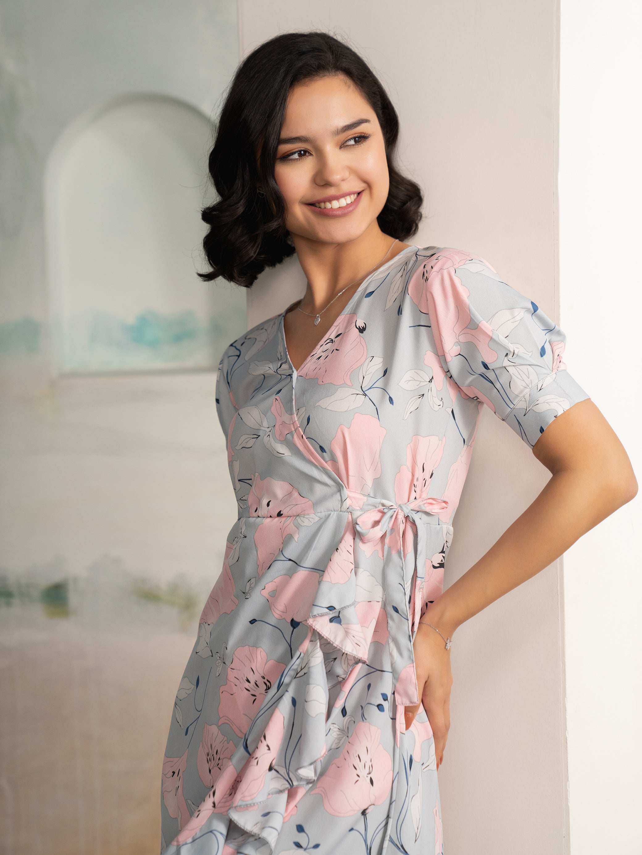 AASK Women's Light Pink Printed Delta Crepe Fit and Flare Calf Length Dress