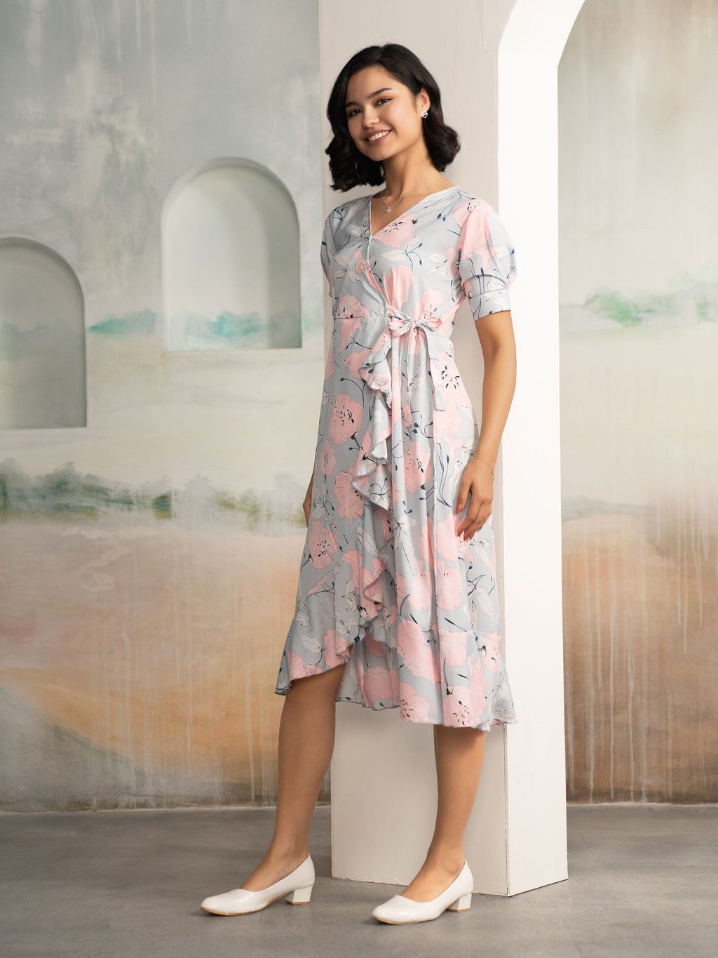 AASK Women's Light Pink Printed Delta Crepe Fit and Flare Calf Length Dress