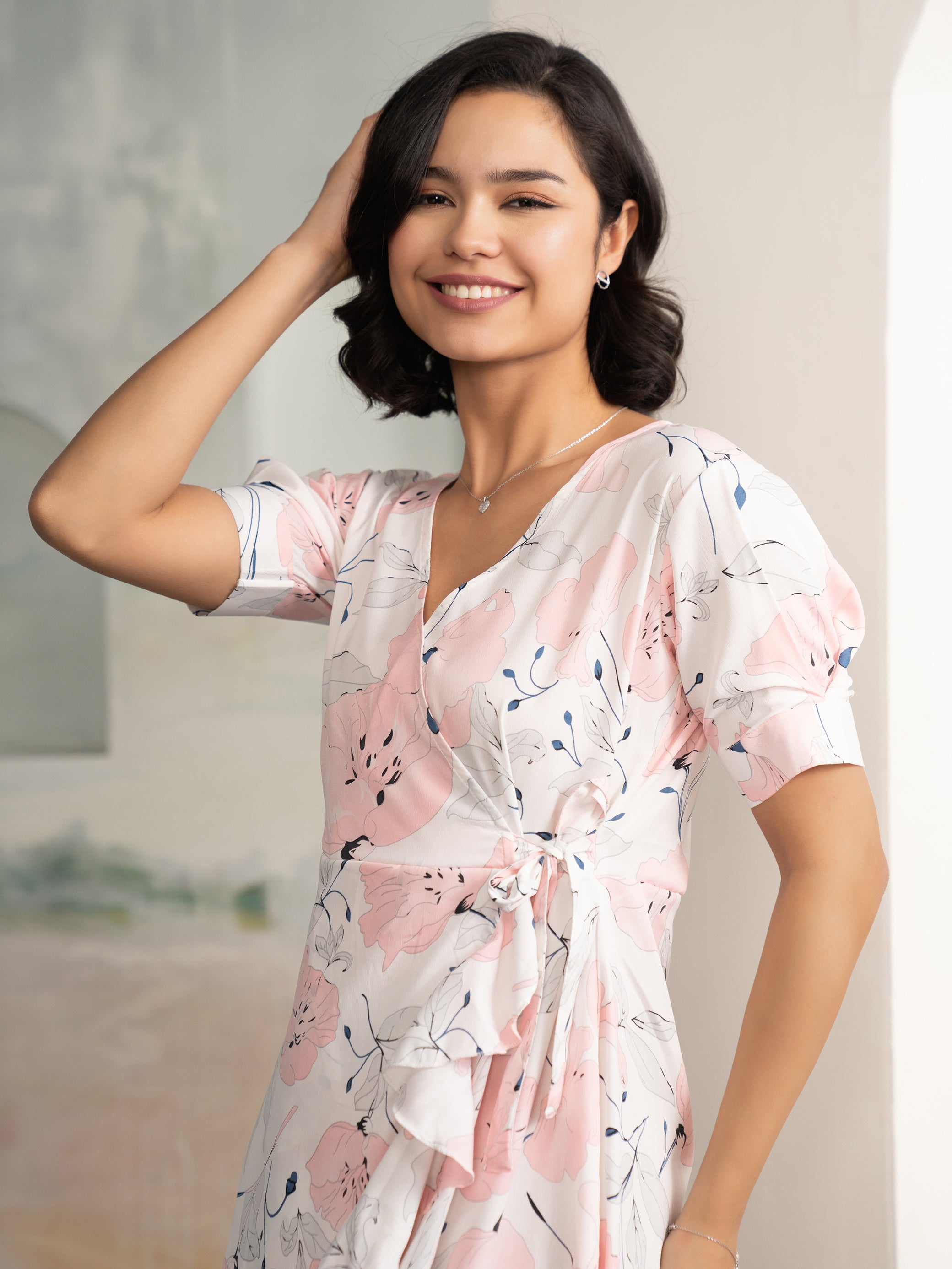 AASK Women's Light Pink Printed Delta Crepe Fit and Flare Calf Length Dress