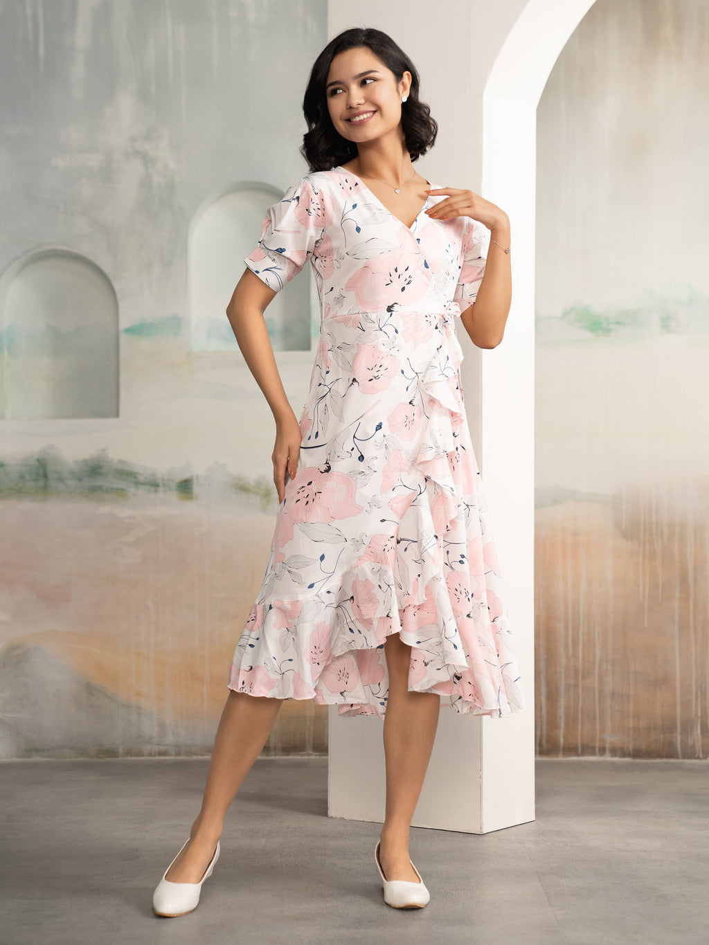 AASK Women's Light Pink Printed Delta Crepe Fit and Flare Calf Length Dress
