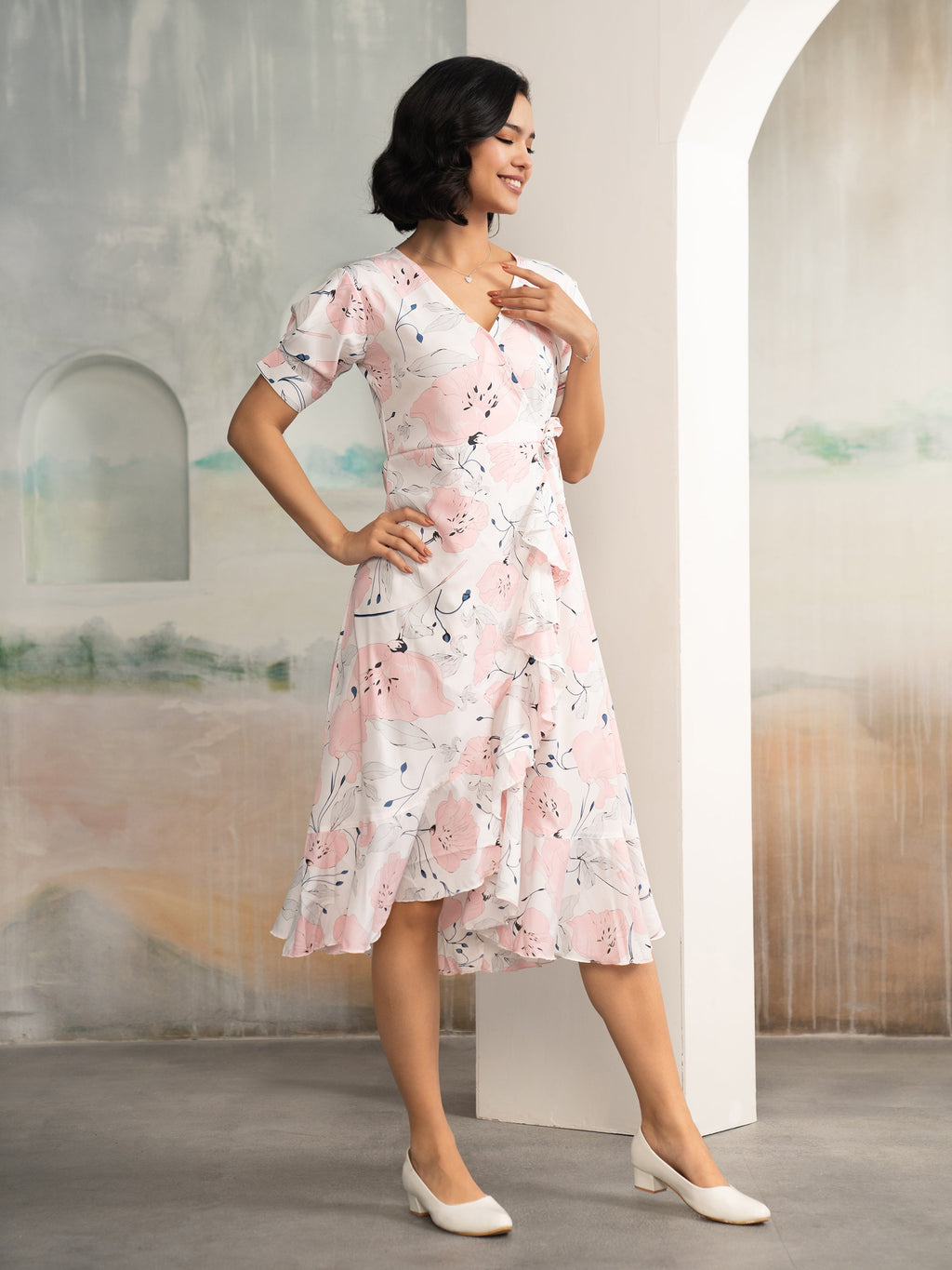 AASK Women's Light Pink Printed Delta Crepe Fit and Flare Calf Length Dress