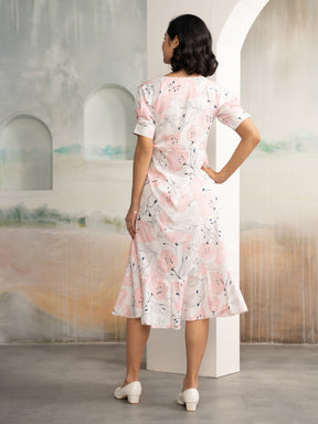 AASK Women's Light Pink Printed Delta Crepe Fit and Flare Calf Length Dress