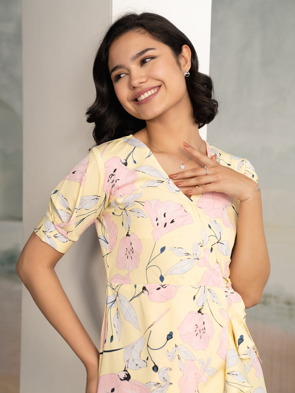 AASK Women's Light Pink Printed Delta Crepe Fit and Flare Calf Length Dress