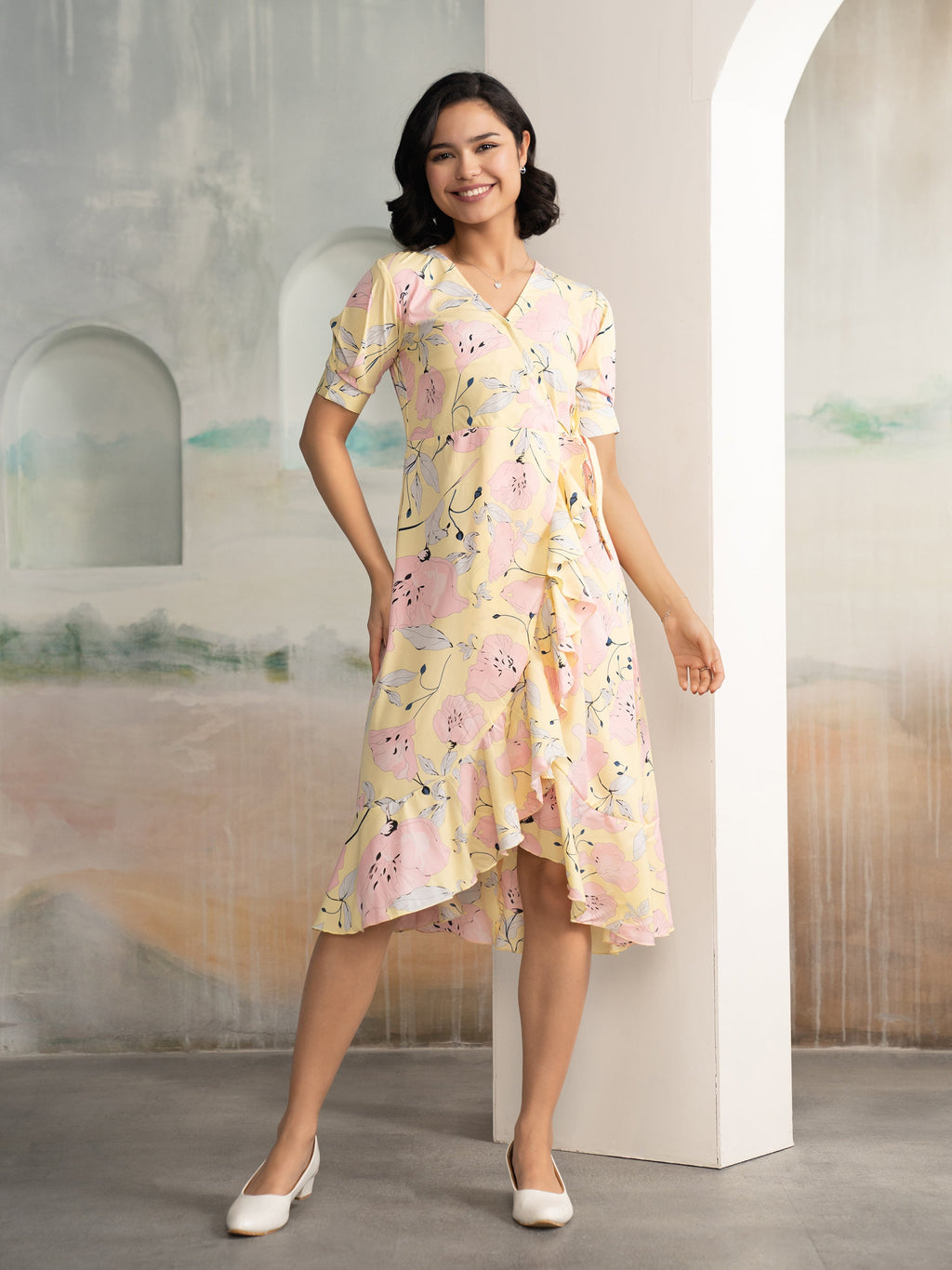 AASK Women's Light Pink Printed Delta Crepe Fit and Flare Calf Length Dress