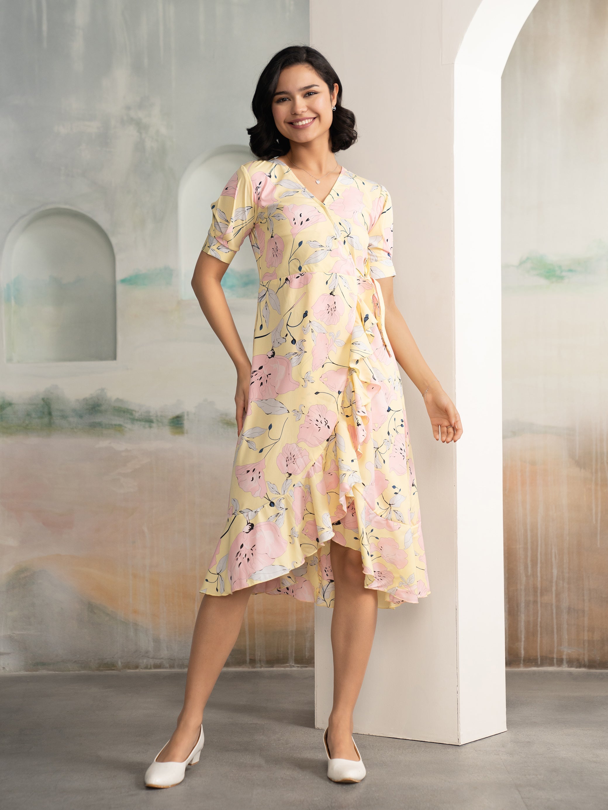 AASK Women's Light Pink Printed Delta Crepe Fit and Flare Calf Length Dress