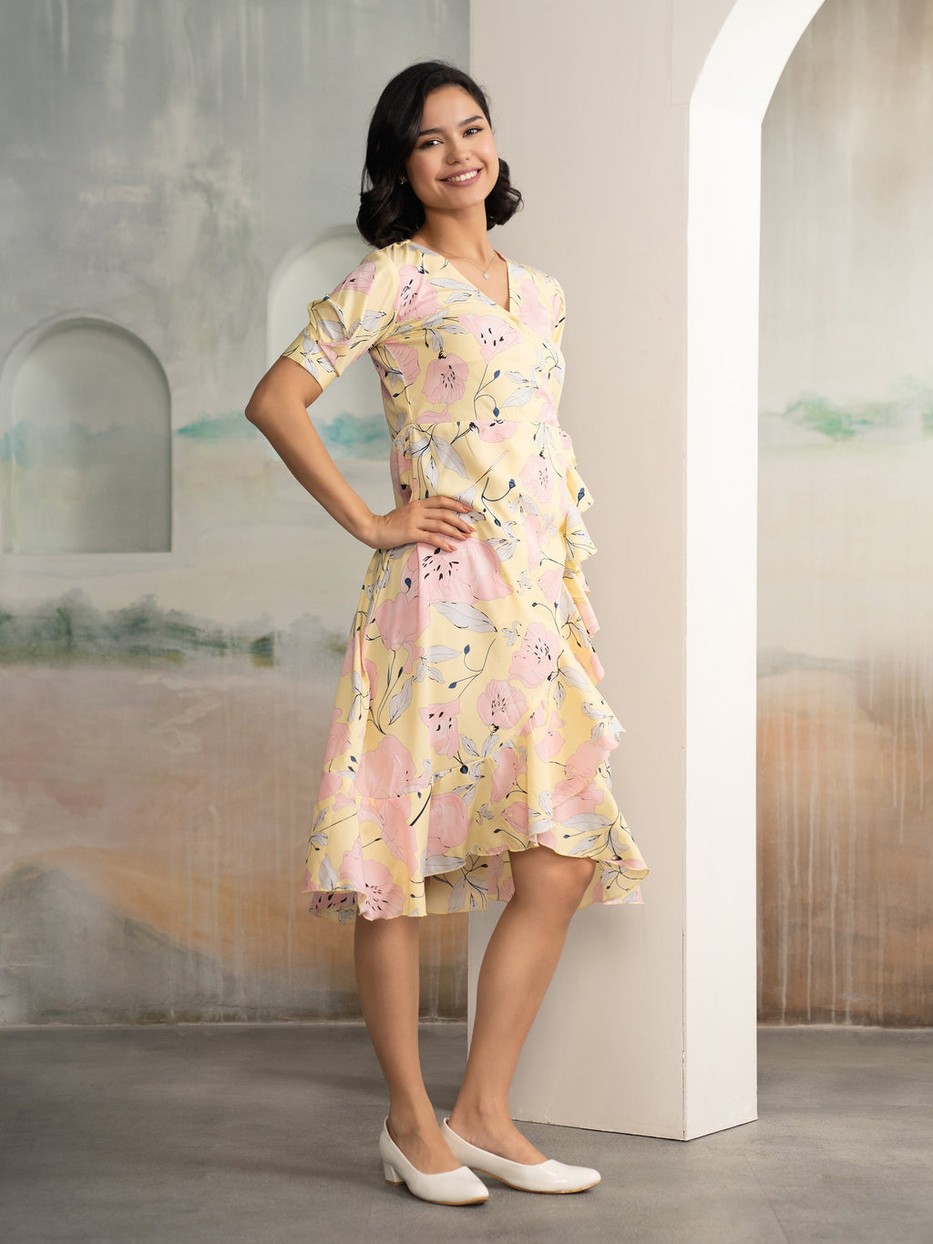 AASK Women's Light Pink Printed Delta Crepe Fit and Flare Calf Length Dress