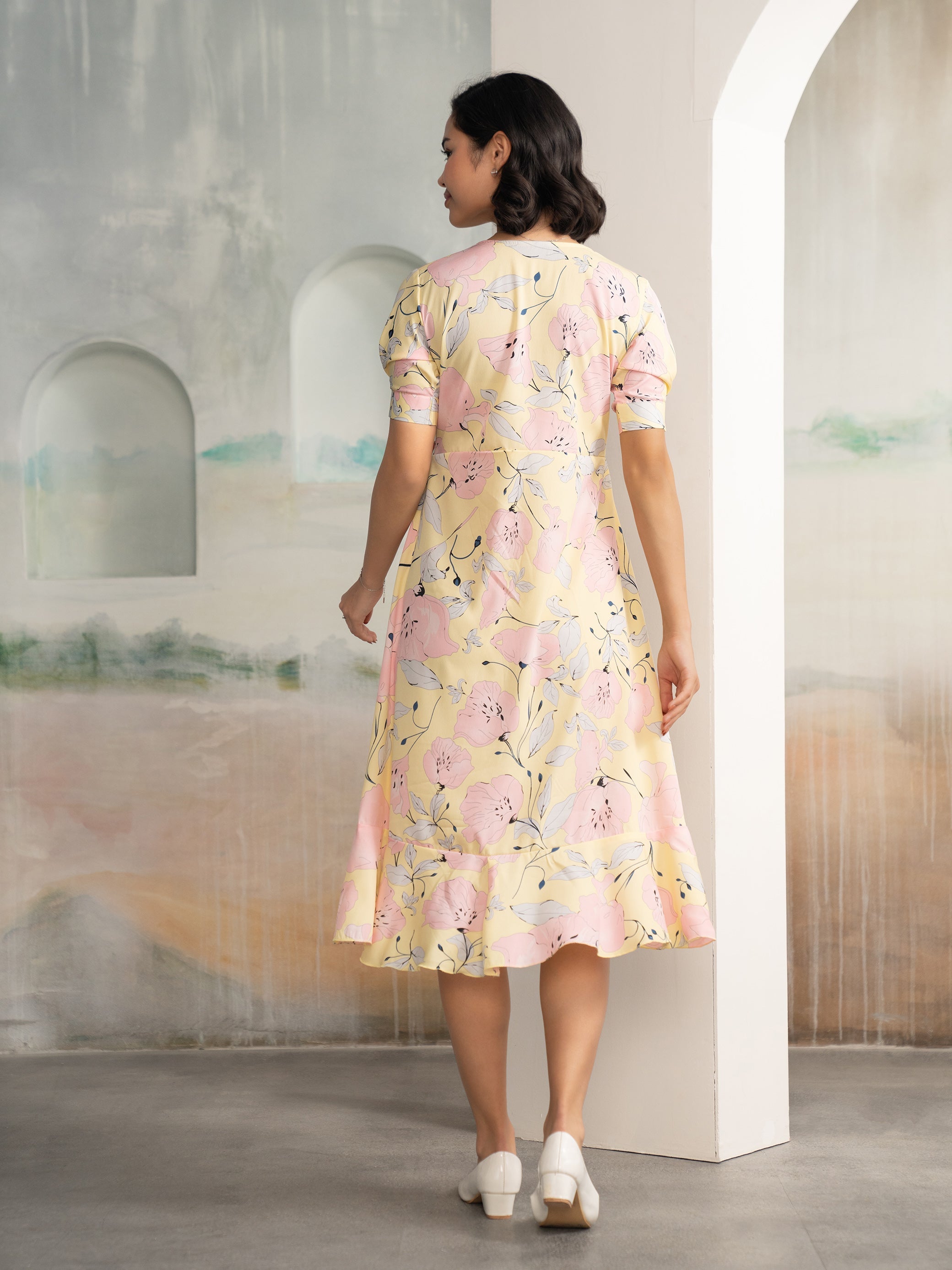 AASK Women's Light Pink Printed Delta Crepe Fit and Flare Calf Length Dress