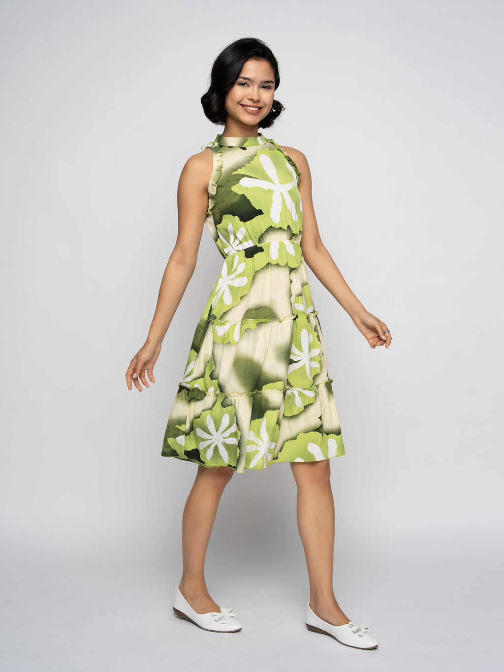 Aask Women's Green Printed Delta Crush Knee Length Fit and Flare Dress