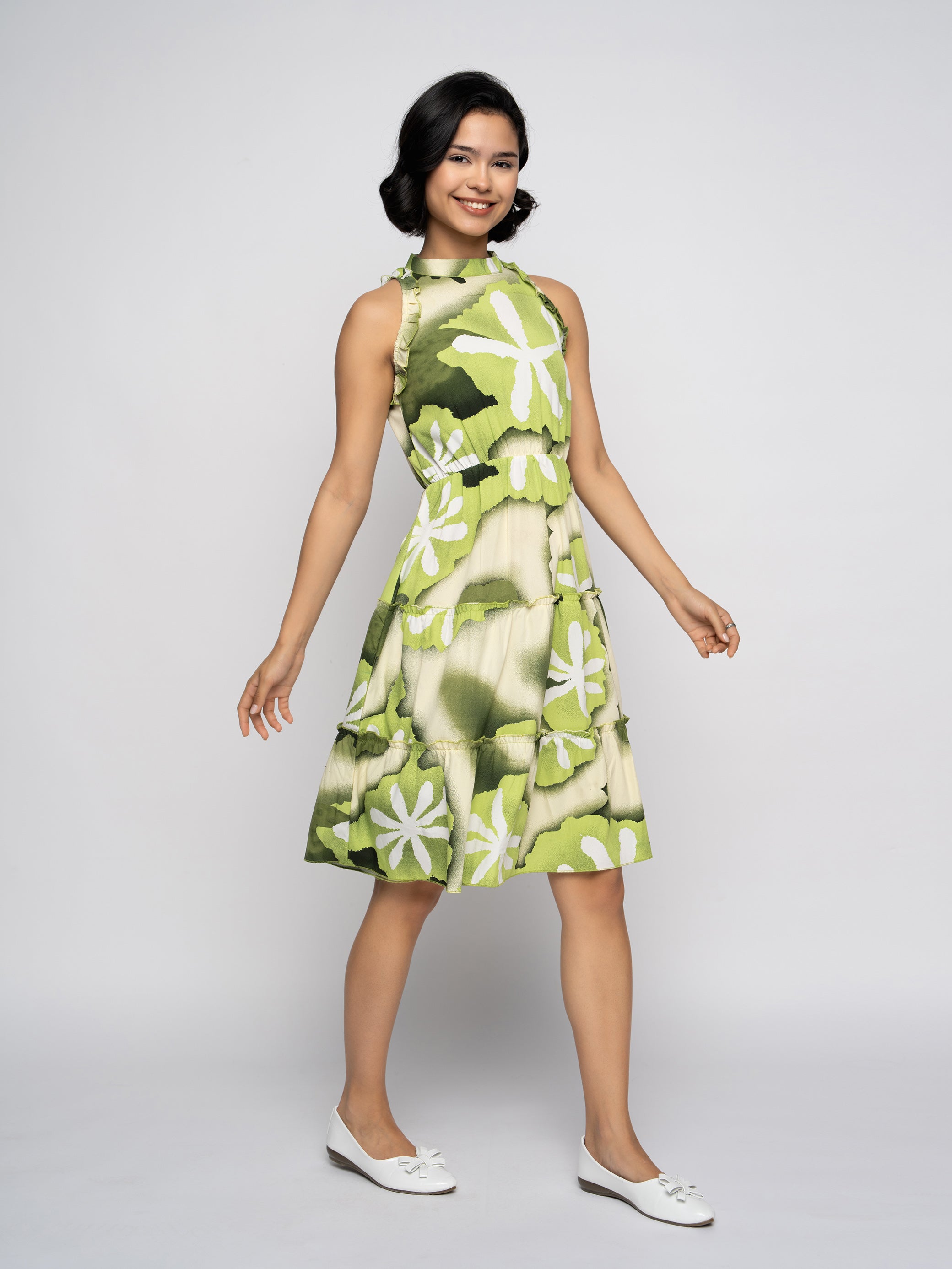 Aask Women's Green Printed Delta Crush Knee Length Fit and Flare Dress