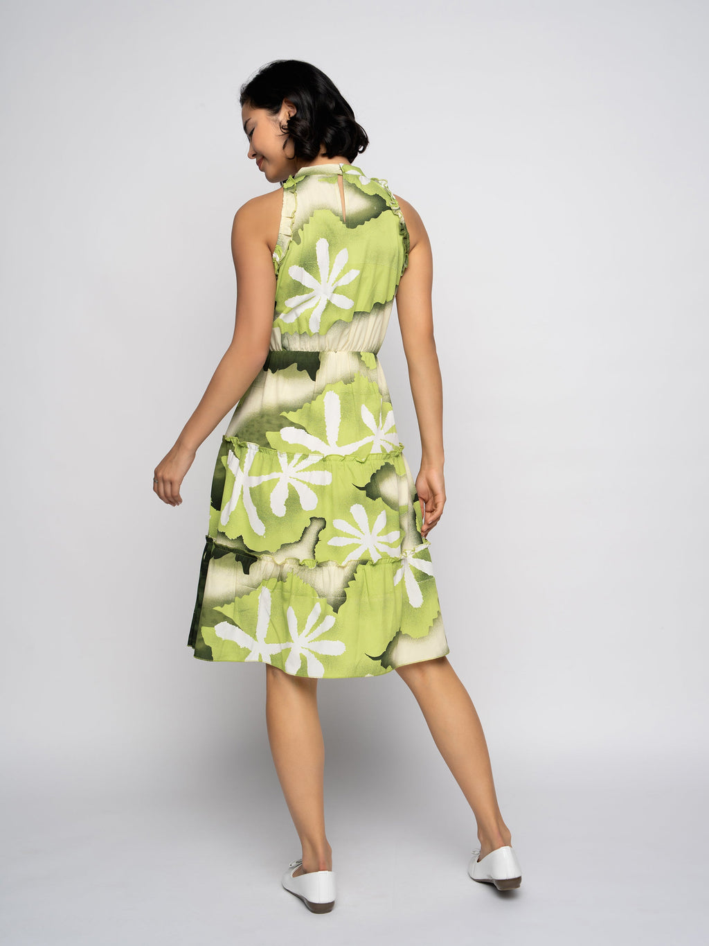 Aask Women's Green Printed Delta Crush Knee Length Fit and Flare Dress