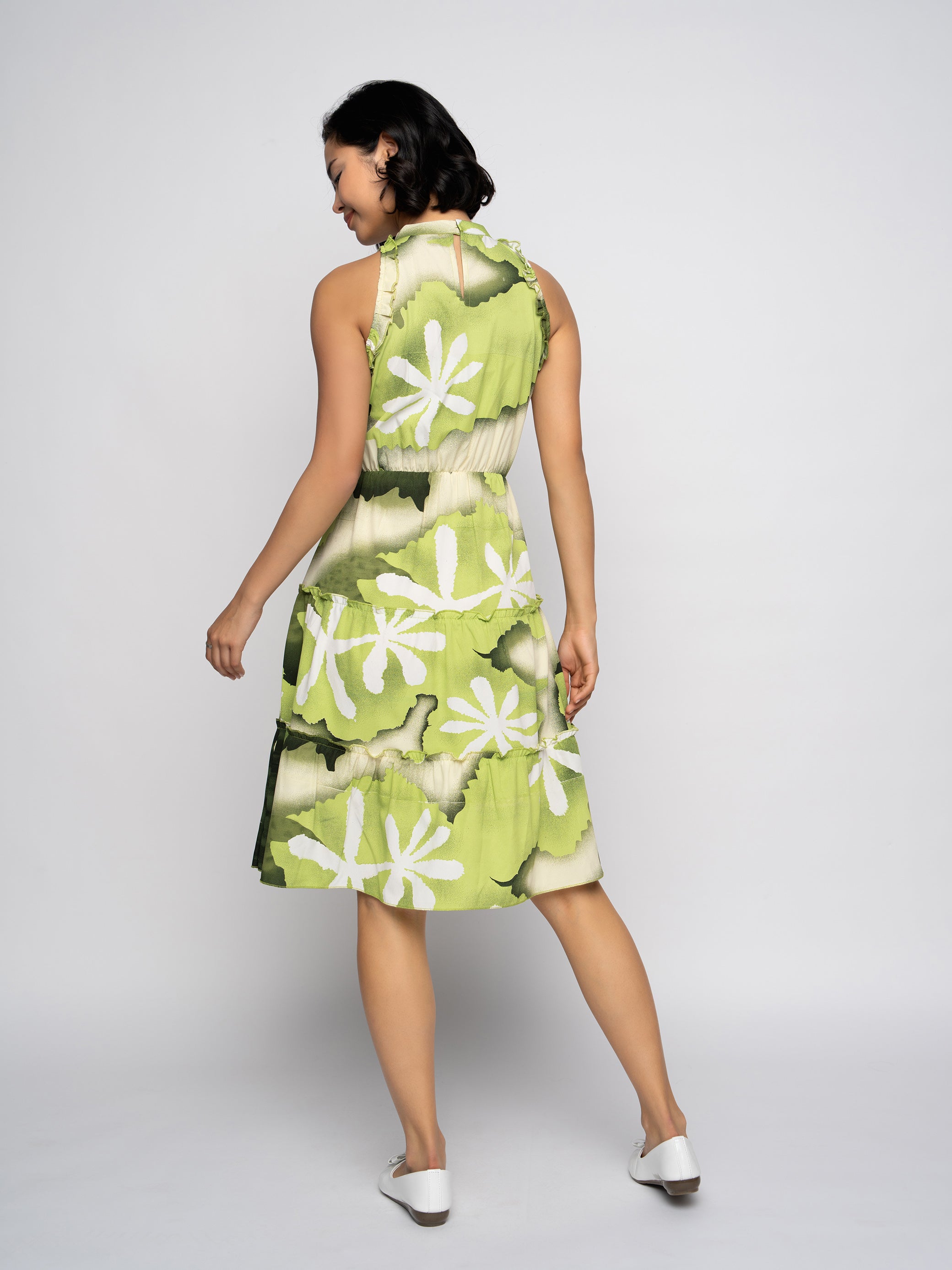 Aask Women's Green Printed Delta Crush Knee Length Fit and Flare Dress