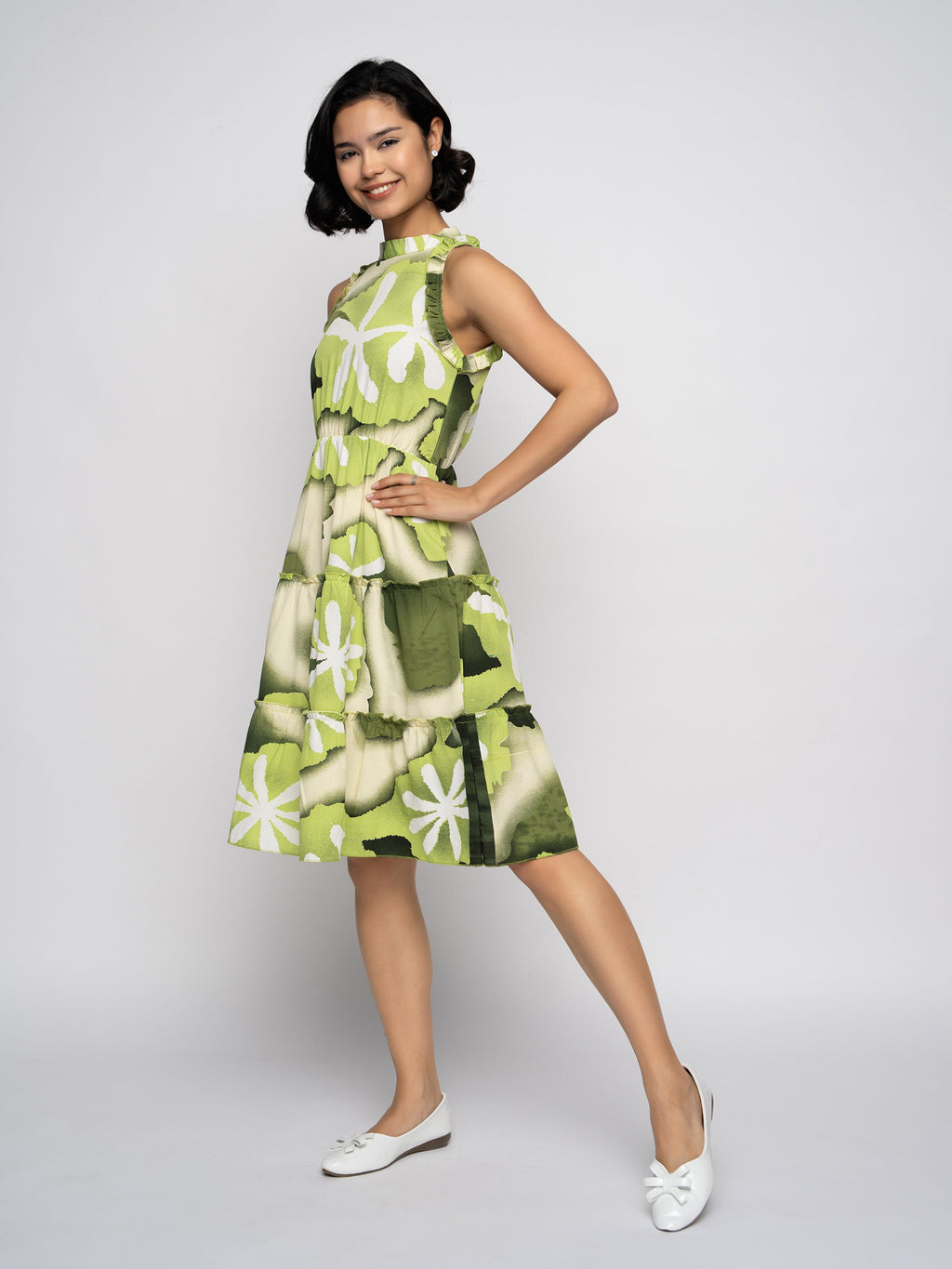 Aask Women's Green Printed Delta Crush Knee Length Fit and Flare Dress