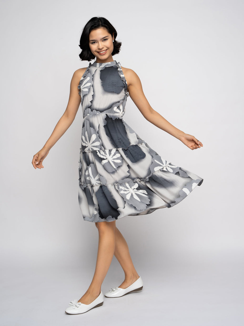 Aask Women's Green Printed Delta Crush Knee Length Fit and Flare Dress