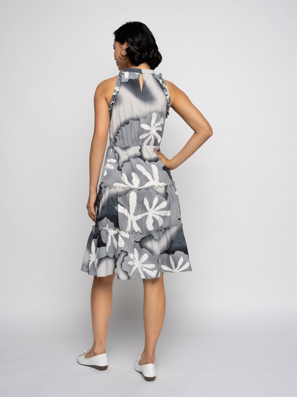 Aask Women's Green Printed Delta Crush Knee Length Fit and Flare Dress