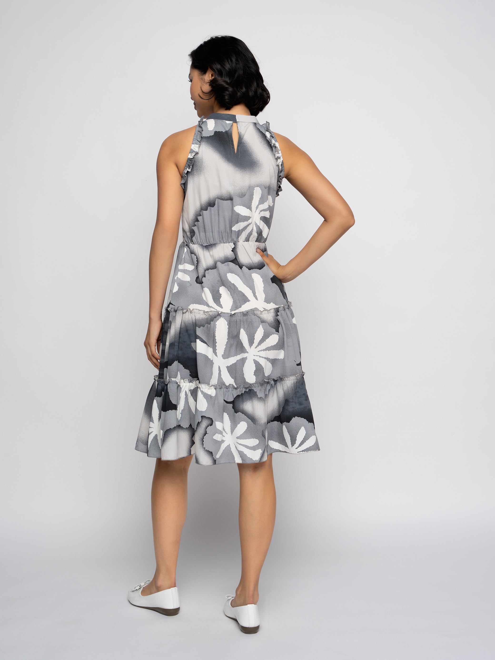 Aask Women's Green Printed Delta Crush Knee Length Fit and Flare Dress